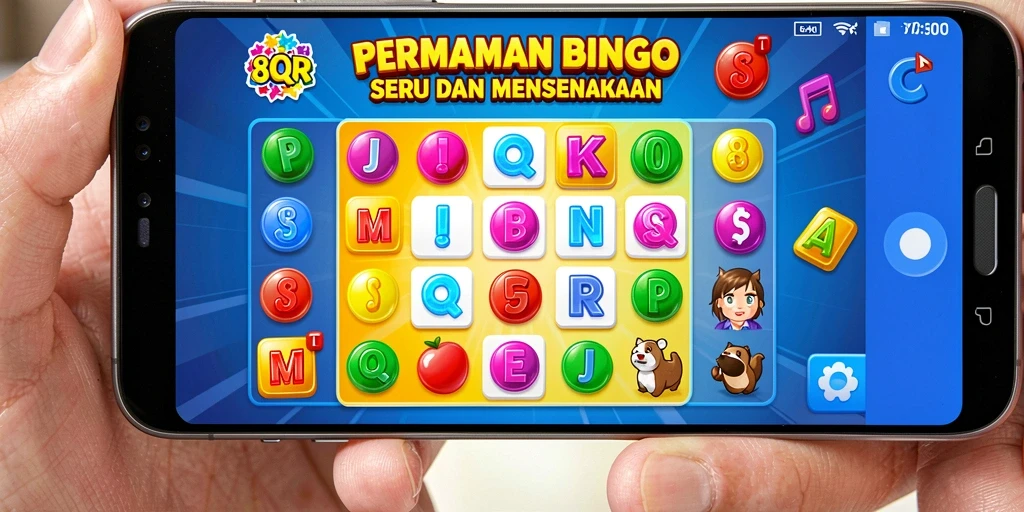 Tampilan gameplay 8QR yang ceria dan menarik dengan nuansa Bingo.