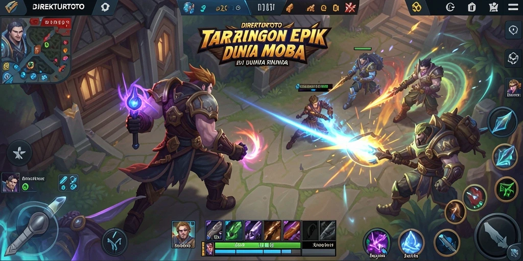 Screenshot gameplay DIREKTURTOTO menunjukkan pertarungan seru di arena MOBA.