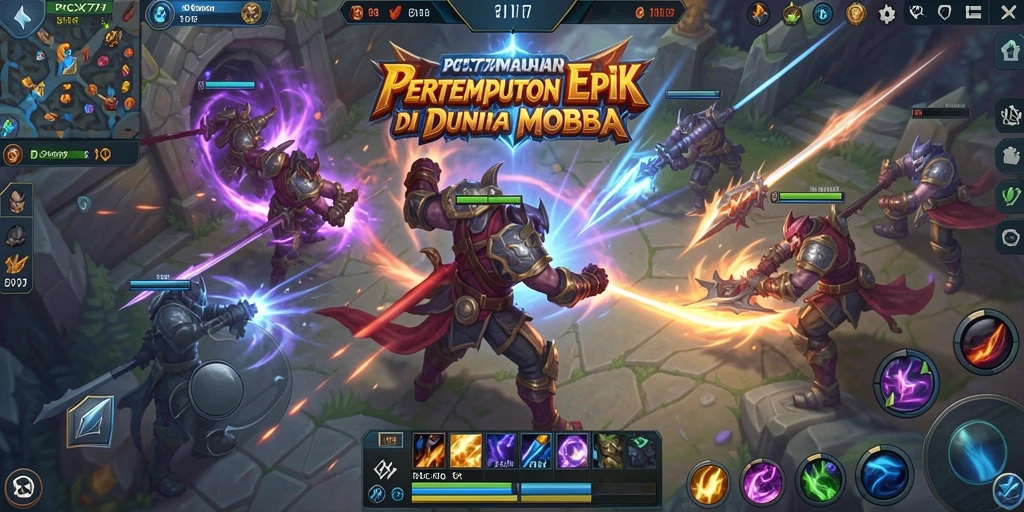 Screenshot menampilkan aksi seru pertempuran tim dalam gameplay MOBA.