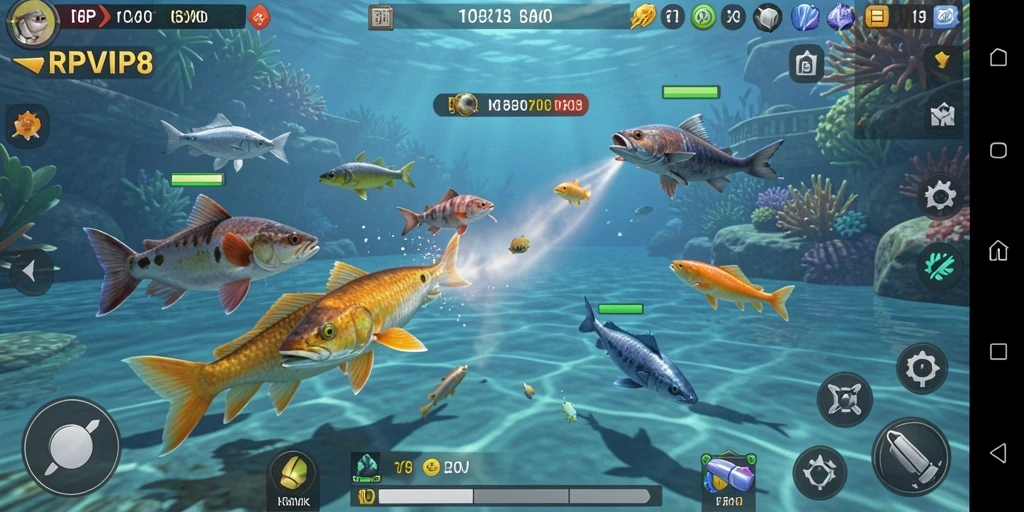 Screenshot utama RPVIP8 menampilkan aksi tembak ikan yang seru.