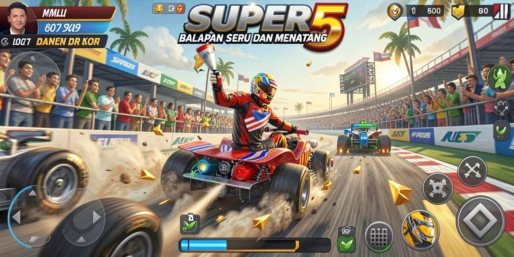 Tampilan gameplay SUPER5 yang menegangkan dan menantang di lintasan balap.